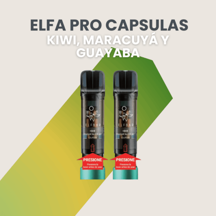 Cápsulas Elfa Pro Kiwi, Maracuyá y Guayaba - Cápsulas desechables con sabores exóticos de kiwi, maracuyá y guayaba, alta producción de vapor y diseño antifugas. Capsula Elfa PRO Kiwi maracuya y Guayaba